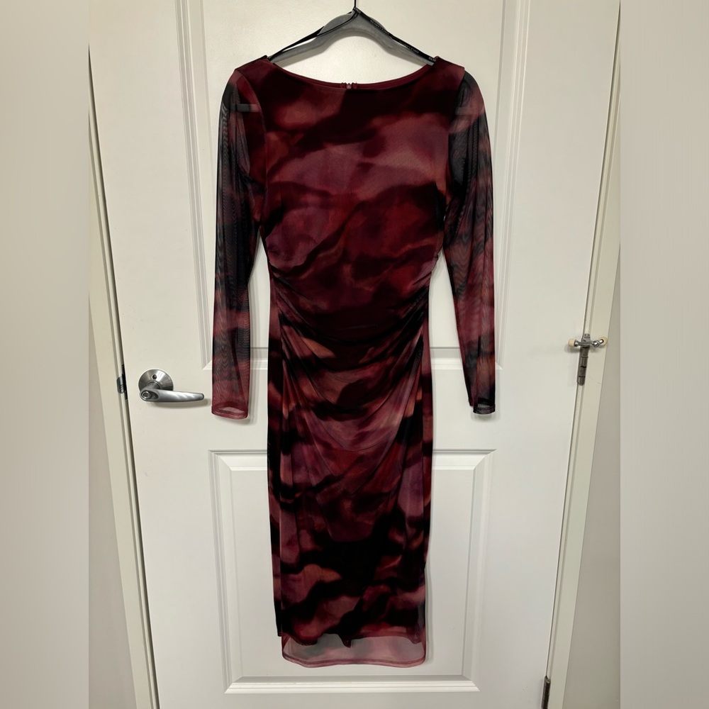 Vince Camuto Mesh Abstract Swirl Print Boat Neck Long Sleeve Bodycon Midi Dress